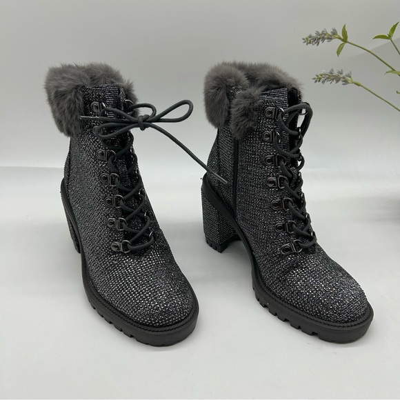 JESSICA SIMPSON Deliah Furry Rhinestone Lace-Up Combat Lug Sole Booties 6.5M NEW - Picture 8 of 8